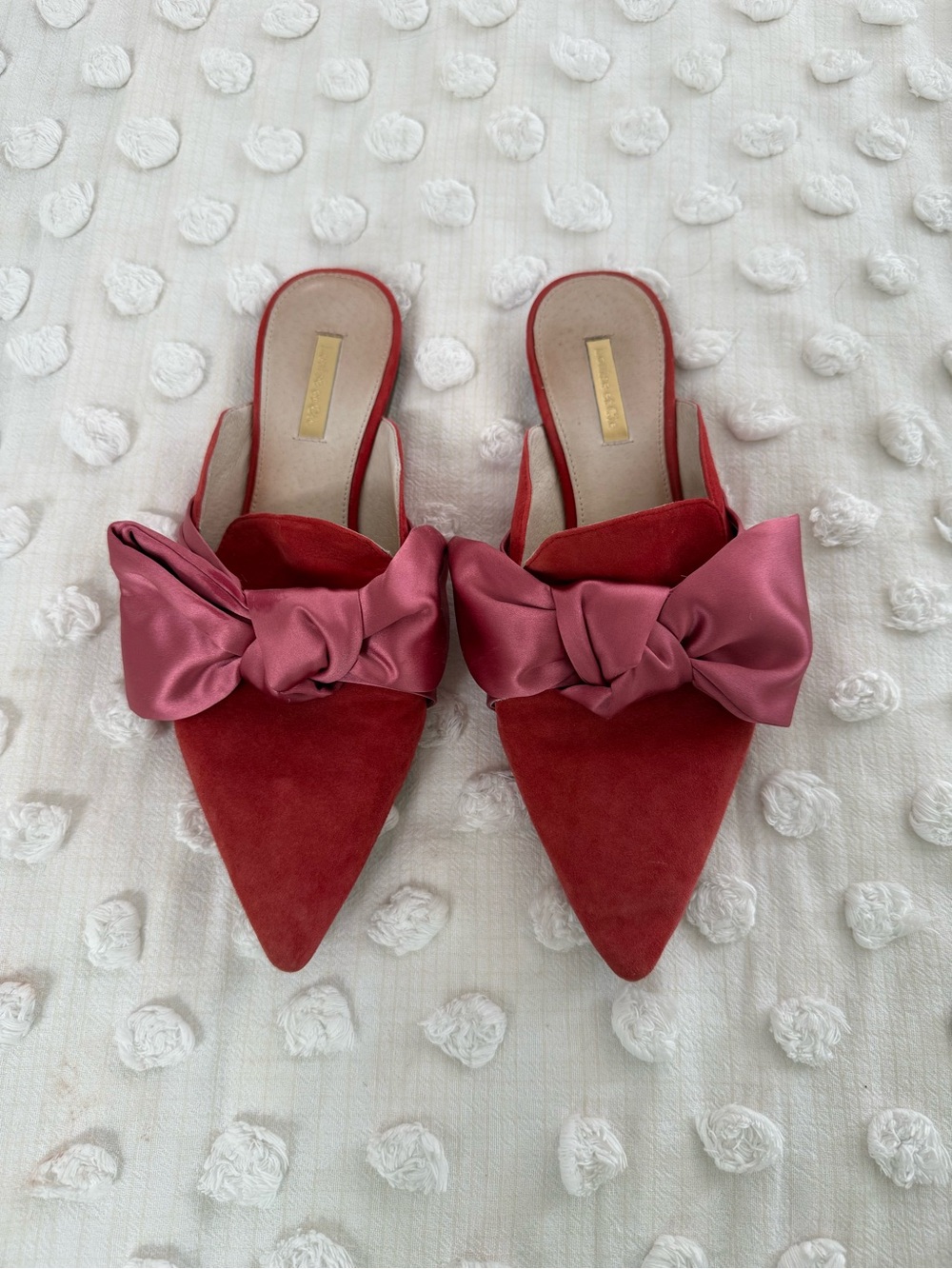 Louise et Cie Red Suede Pointed Mules with Pink Satin Bow